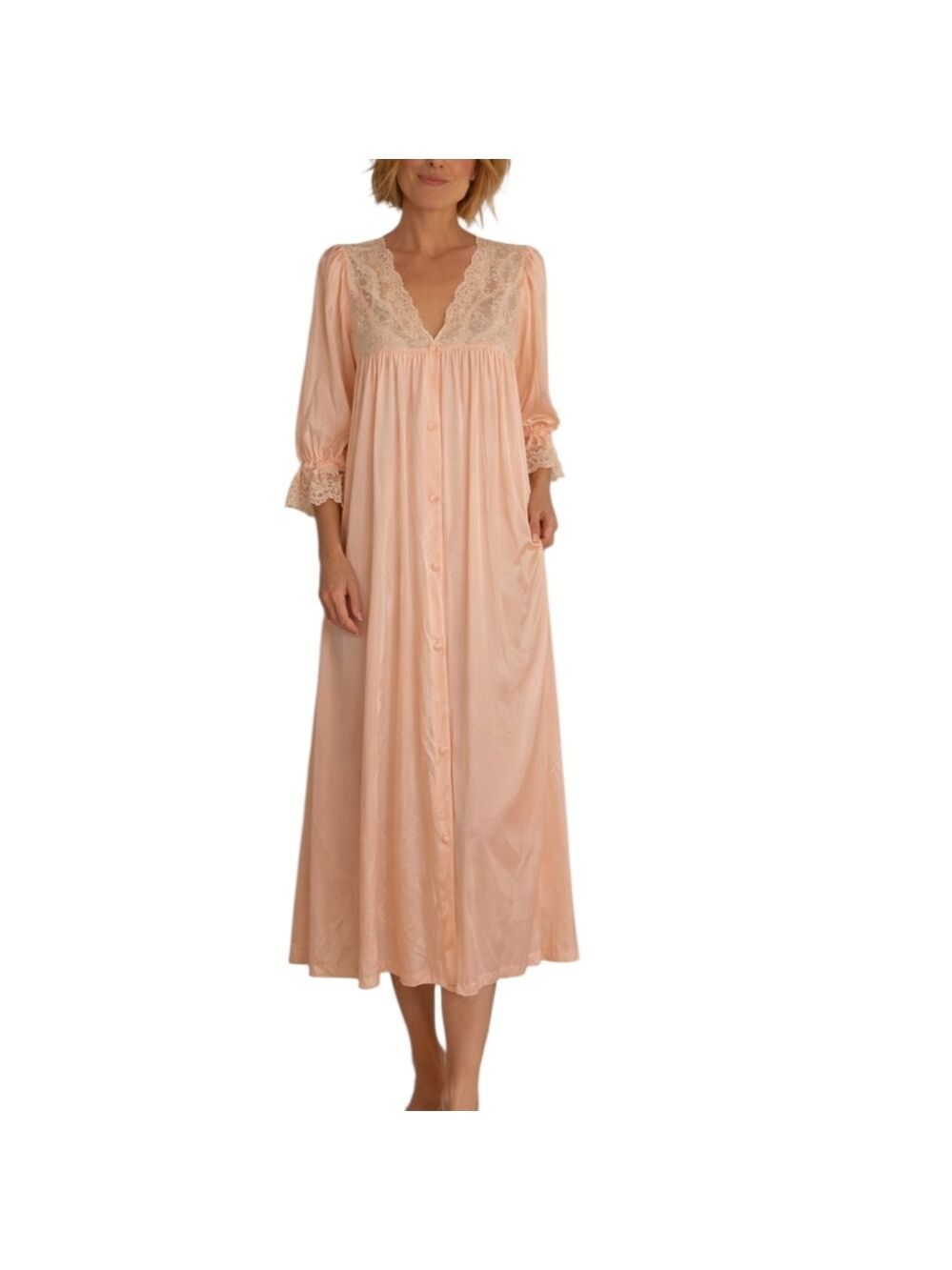 Vintage Vanity Fair Peachy Pink Lace Embroidered Lounge Robe Large